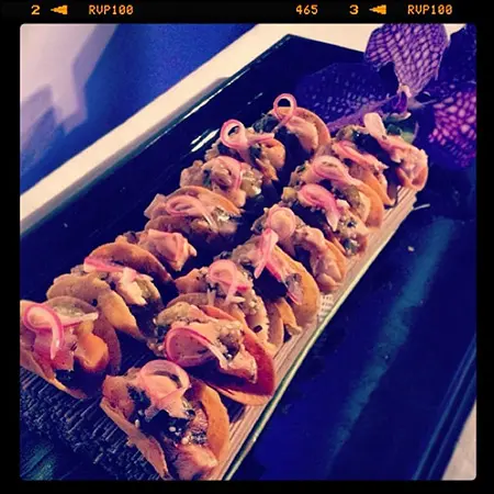 A tray of food on top of a table.